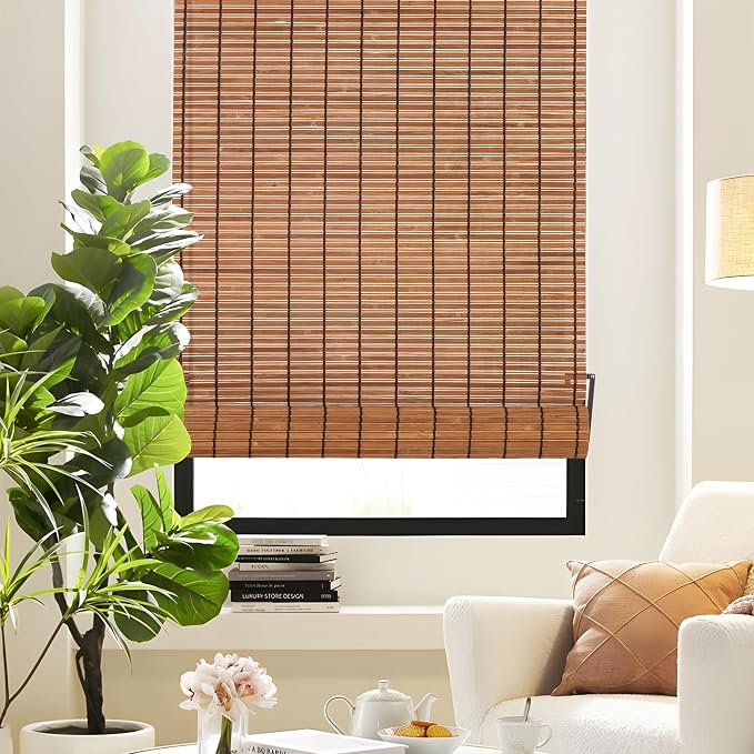 ALIMOO Cordless Bamboo Window Blinds Roll Up Roman Shades Light Filtering Cordless Bamboo Blinds for Indoor Home Patio Porch 42" W x 72" L