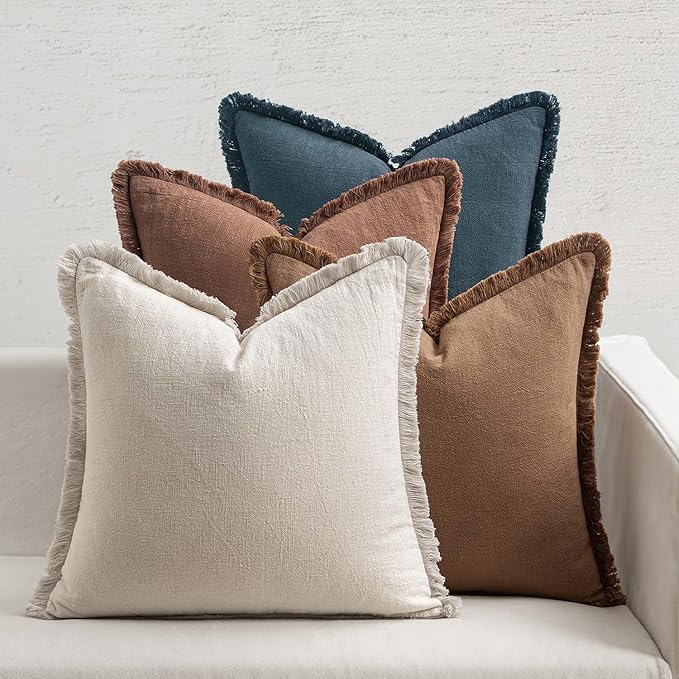 MIULEE Decorative Couch Pillow Covers Neutral Linen Fringe Throw Pillows Set of 4 Modern Rustic Cushions Boho Farmhouse Pillowcases for Bed Sofa Living Room Spring Decor 22x22 Inch Beige/Brown/Blue