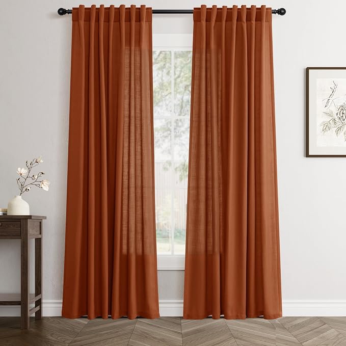 Jowels Terracotta Linen Curtains 82 Inch Long 2 Panels for Living Room | Burnt Orange Light Filtering Semi Sheer Curtain,Back Tab Pocket Pleated Look,Boho Textured Privacy Drapes for Bedroom Window