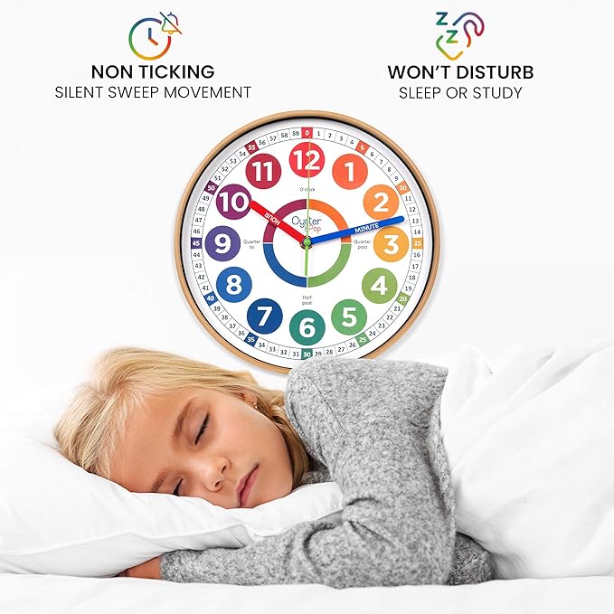 Oyster&Pop Learning Clock for Kids - Award-Winning Silent Wall Clock - 10" Non-Ticking Analog Teaching Clock for Classrooms Bedrooms & Kids Rooms - Children Learn to Tell Time Easily