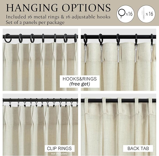 Beige Linen Pleated Curtains 90 Inch Long 70 Inch Wide Curtain for Living Room Dining Burlap Primitive Light Filtering Semi Sheer Pleat Drape Back Tab for Patio Sliding Door Large Window 2 Panel 70x90