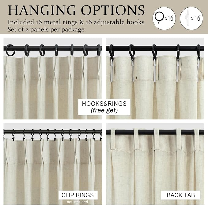 Beige Pinch Pleat Linen Curtain 100 Inches Long for Living Room Back Tab Neutral Vintage Country Rustic Industrial Farmhouse Curtain Burlap Textured Canvas Cloth Pleated Drape for Dinning Room Bedroom