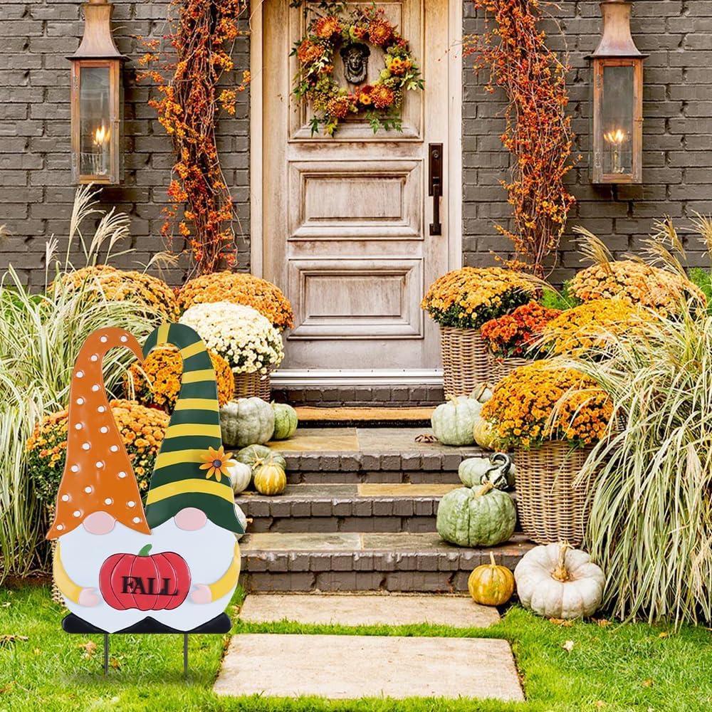 YEAHOME Outdoor Fall Decor, 2 Gnomes Decorative Garden Stake with Pumpkin for Fall Decorations, Autumn Metal Yard Signs for Home Outside Garden Porch Lawn, Thanksgiving Decorations Outdoor (YHMD-478)