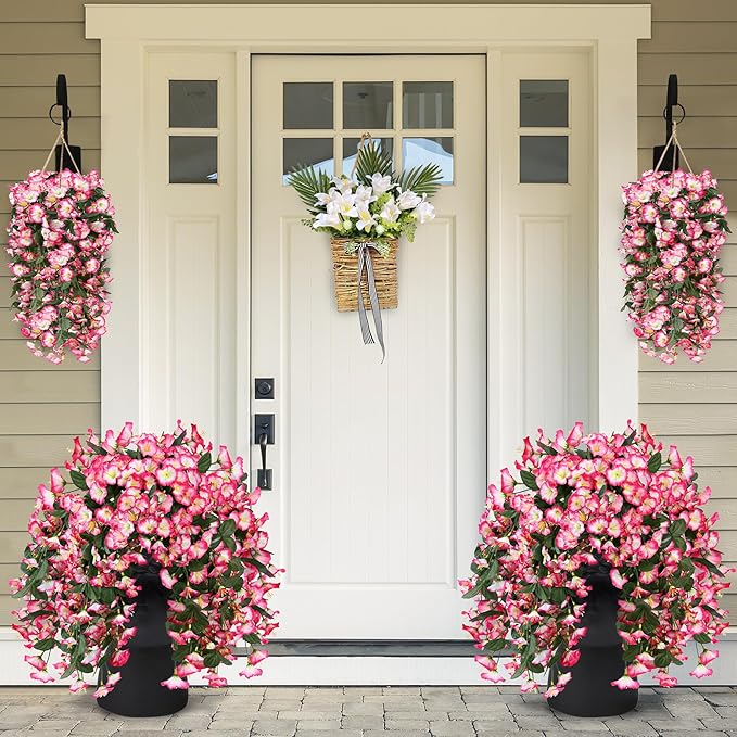 Sggvecsy Artificial Fake Hanging Flowers Plants for Outdoor Outside Spring Summer Decoration 4PCS Faux Silk UV Resistant Realistic Morning Glory Trailing Vines for Home Porch Patio Balcony(Pink)