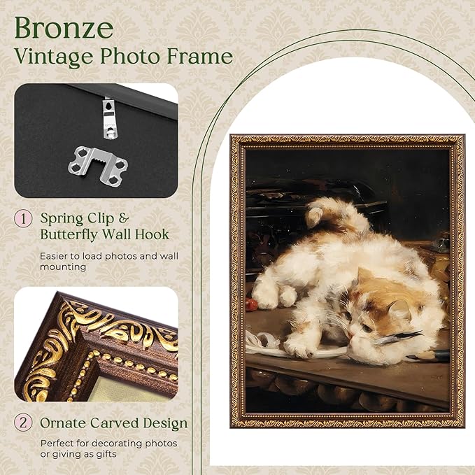 TWING 11x14 Picture Frame,Display 8x10 Photo with Mat or 11x14 without Mat,Ornate Vintage 11 x 14 Photo Frames for Wall Mounting,Bronze,1 Pack