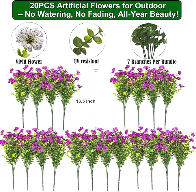 Grunyia 20 Bundles Artificial Flowers for Outdoors, UV Resistant Fake Plants Flowers Greenery Shrubs Plants for Decoration Outside Plants Hanging Planter Home Garden Decor (Fuchsia)