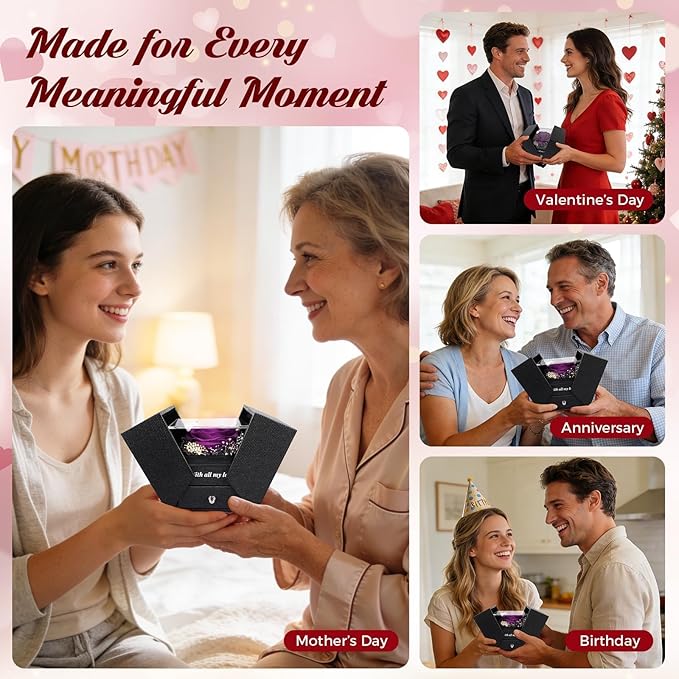 TranquilBliss Gifts for Mom, Preserved Real Purple Rose Gift Box with Heart Necklace,“I Love You” in 100 Languages, I Love You Eternal Flowers Rose Gift Set for Mother's Day, Anniversary