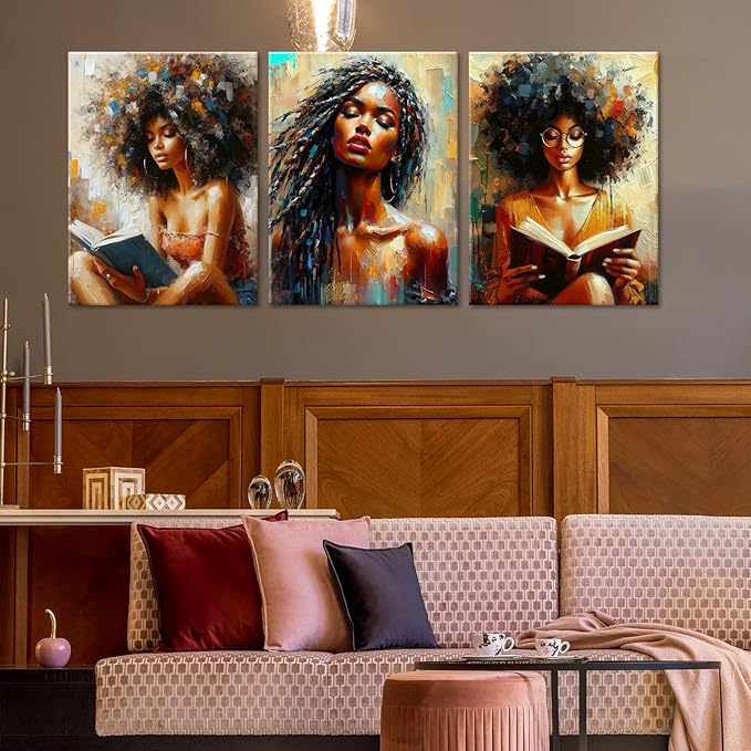 Framed Modern Abstract African American Women Wall Art Set of 3 Painting Canvas Prints,Boho Black Girl with Floral Accents, Inspirational and Trend Poster for Living Room,Bedroom, Office Decor,12X16in