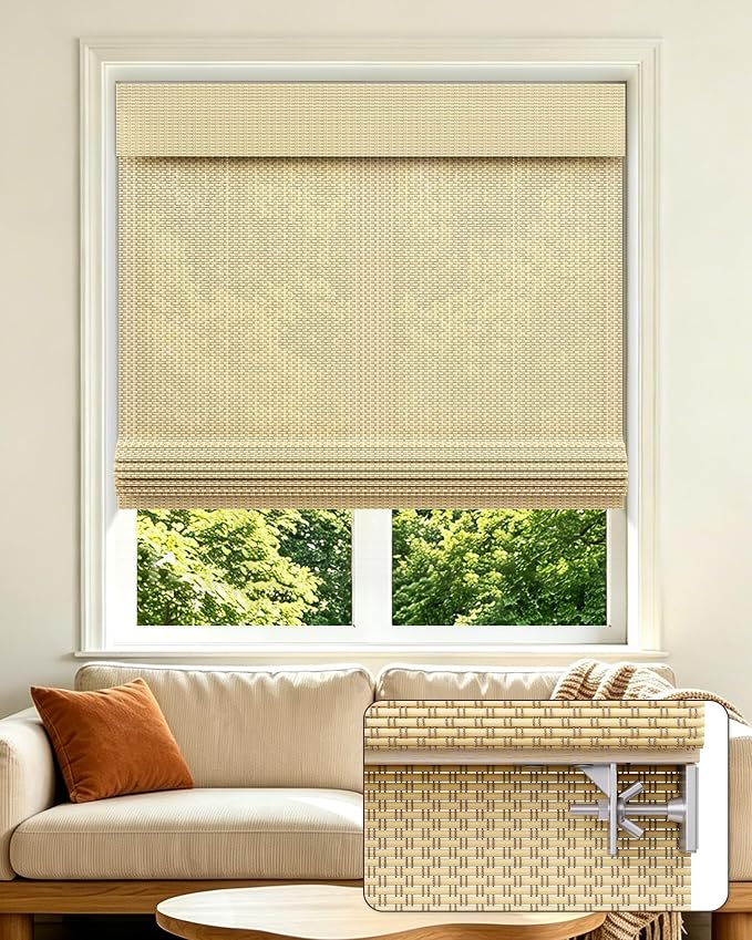 Allesin zen No Drill Cordless Bamboo Roman Shades, Light Filtering 20" W x 64" H, Beige