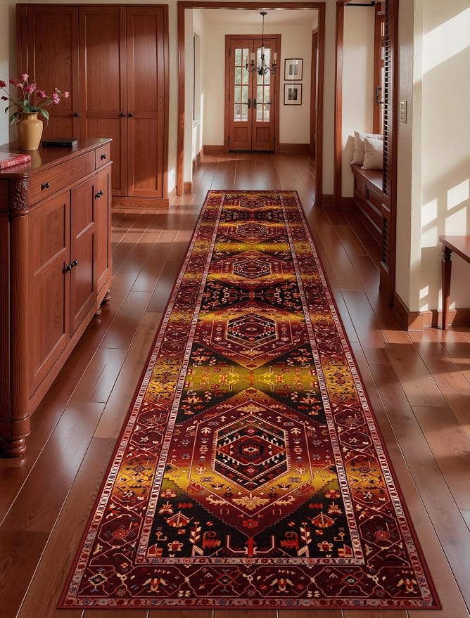 SERISSA Runner Rug for Hallways, 2'6"x14' Washable Non Slip Runner Rug, Extra Long Boho Rug Ultra Soft Vintage Rustic Red Gold Print Floor Carpet for Bedroom Hallway Entryway Bathroom Laundry Room