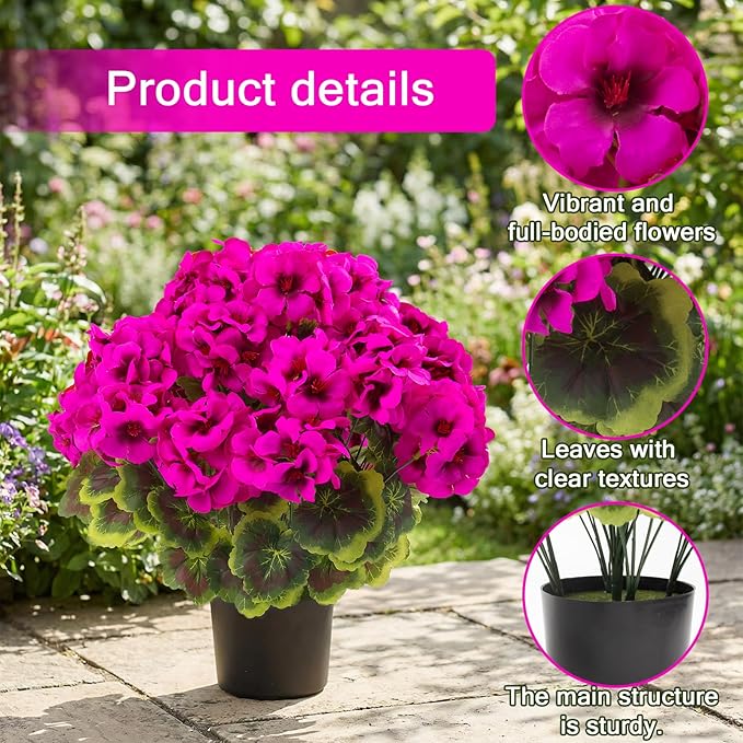 lovemoon 2Set Geranium Potted Artificial Flowers,Fake Geranium Plants for Outdoor Home Décor Office Tables Porch Garden Decor (2, Rose Red)