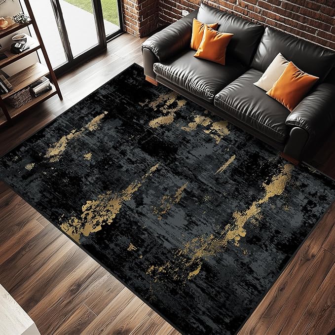 RELEANY Washable Area Rugs 7'x9' Non-Slip Modern Abstract Soft for Living Room Entryway Bedroom Nursery, Print Pattern, Dark Black Gold