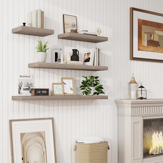 30in Floating Shelves for Wall, 30"W x 9.25"D x 1.25"H, 2 Pack Long Wall Mounted Engineered Wood Shelves with Invisible Brackets for Living Room, Bedroom, Bathroom, Kitchen Decor and Storage, Grey