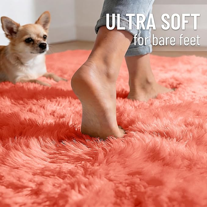 OLANLY 2x3 Machine Washable Small Bedside Rug, Soft Fluffy Shaggy Entryway Throw Rugs for Bedroom, Living Room, Indoor Floor Carpet for Kids Girls and Boys, Home Decor Aesthetic, Coral Red