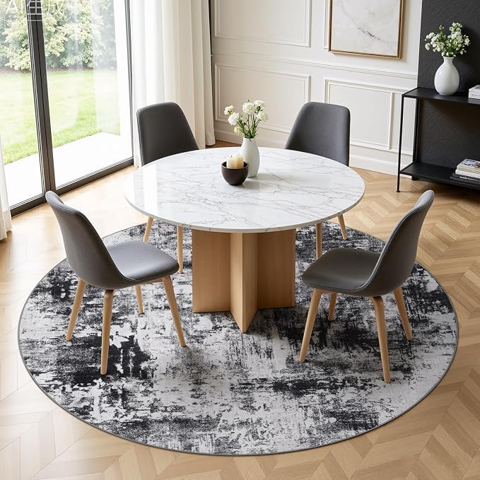 Rugflix Round Area Rugs 6Ft for Living Room, Washable Circle Rug Stain-Resistant Low Pile, Modern Dark Carpet for Bedroom Dining Room Home Office Kid Nursery Room, Black Grey