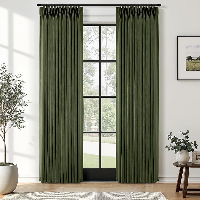 Olive Green Pleated Linen Curtains 80 Inches Long for Living Dining Room Bedroom Light Filtering Boho Window Drapes 2 Panels with Hooks Rings Clips Sliding Glass Door Semi Sheer Curtain Pinch Pleat