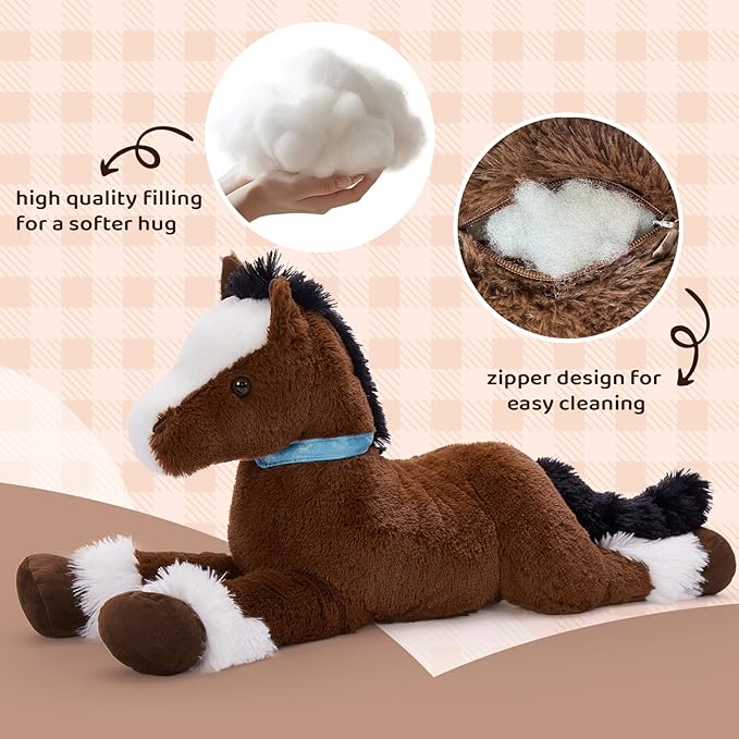 Tezituor 4ft Realistic Horse Stuffed Animal, 47inches Chocolate Stuffed Horse Farm Plush Toy, Hugging Soft Pony Plush Body Pillow Theme Decor Gift for Boys Girls