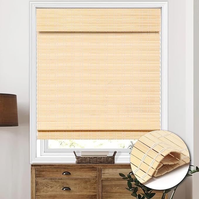 Cordless Bamboo Roman Shades, Light Filtering Bamboo Shades Blinds Window Treatment Roll Up Blind for Windows, 28" W x 64" H, Beige