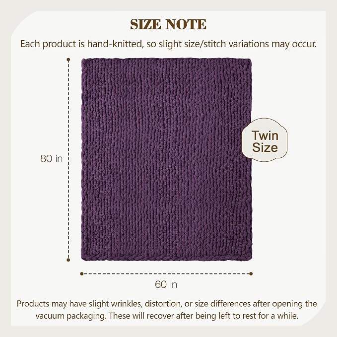 Carriediosa Chunky Knit Throw Blanket 60" X 80" Twin, 100% Hand Made Large Chenille Loop Yarn Soft Fluffy Throws for Couch Sofa Bed, Big Crochet Cozy Heavy Thick Cable Woven Blanket, Dark Purple