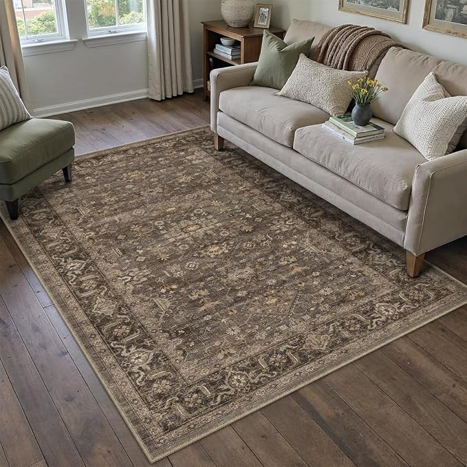4x6 Washable Area Rug for Living Room Bedroom Vintage Brown Soft Low Pile Carpet Traditional Retro Non Slip Throw Rug for Dining Room Entryway Indoor Dorm Kitchen