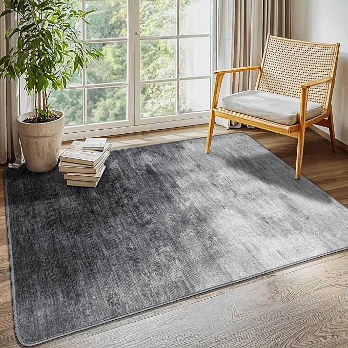 4x6 Washable Area Rug, Gray Solid Area Rugs for Living Room & Bedroom | Stain-resistant & Non-slip backing,Low Pile Washable Large Carpet, Solid Vintage Style For High Traffic Areas(4x6,Gray)