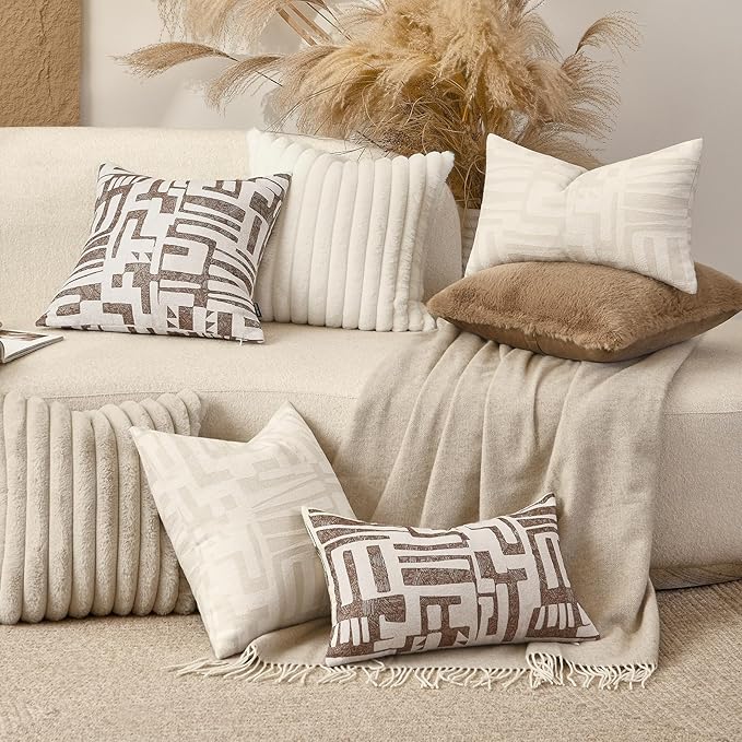 Throw Pillow Cover 20x20, Double Sided Geometric High Density Jacquard Pillow Covers for Sofa, Bed, Rattan Chair, Bedroom, Living Room(Brown)