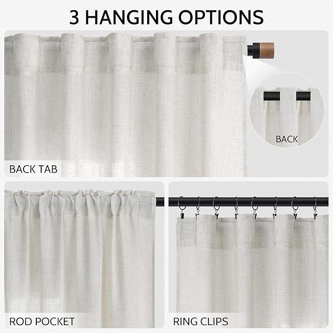 Nanspring Natural Linen Curtains for Living Room 105 Inches Long Rustic Farmhouse Decor Light Filtering Semi Sheer Curtain Back Tab and Rod Pocket Luxury Drapes for Bedroom Office 52x105, 2 Panels