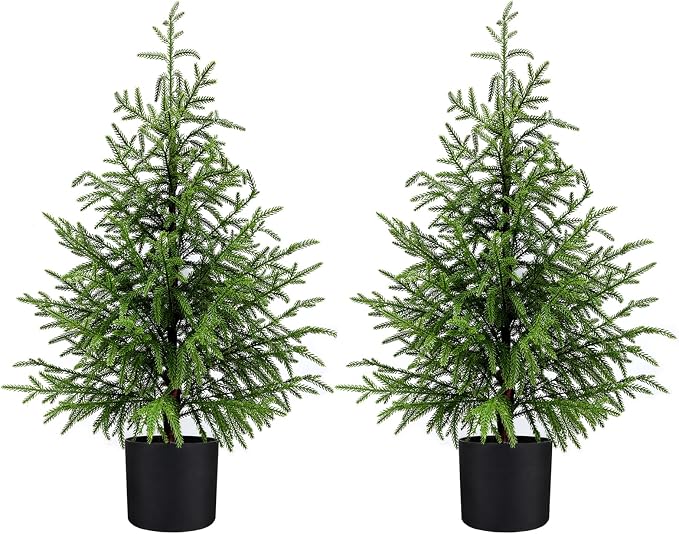 ENVEN Outdoor Artificial Topiary Cedar Tree Real Touch Faux Pine Evergreen Shrub Plant UV Resistant Greenery Tree with Pot Realistic Cypress Front Porch Decor (3FT-2Pack Nofolk Pine)