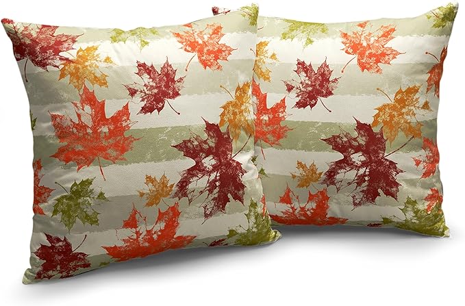 Thanksgiving Colorful Maple Leaves Throw Pillow Covers 16x16 Set of 2 Fall Decorative Pillow Covers Green Grey White Striped Pillow Covers Autumn Outdoor Pillow Case for Living Room Patio Sofa