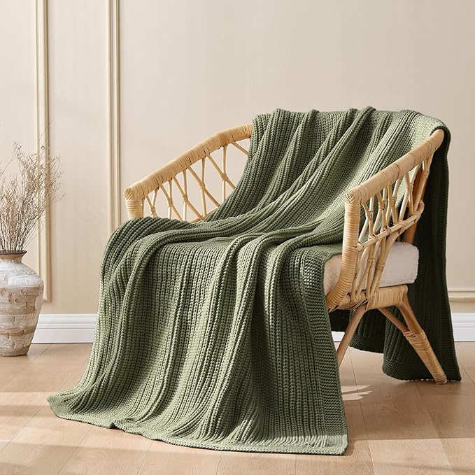 Chunky Knit Olive Green Throw Blanket 50"x60",Soft Cozy Thick Knitted Blanket for Couch Sofa Bed,Fisherman Cable Knit Cute Decorative Throw for Living Room