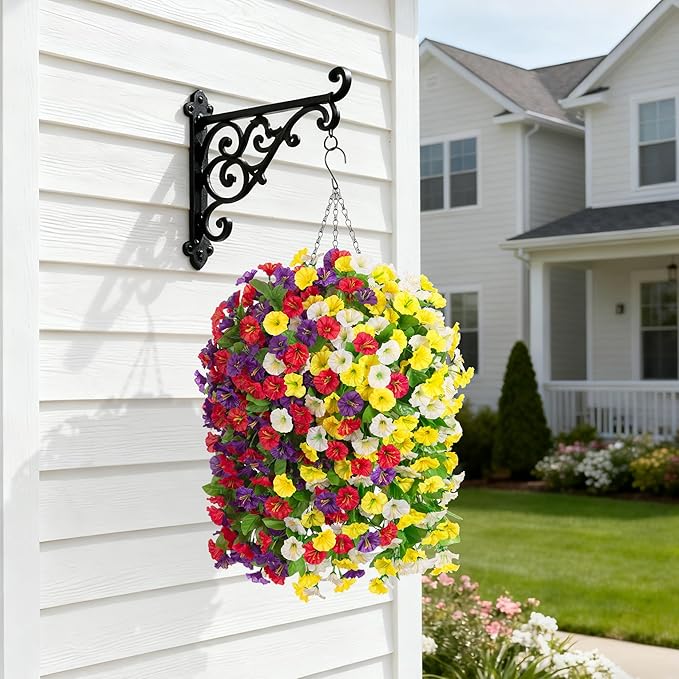 Ammyoo Artificial Fake Hanging Flowers Basket for Spring Decor, Faux Silk Flower in Planter for Summer, Outdoor Artificial Floral for Home Porch Yard(Yellow White Purple Red)