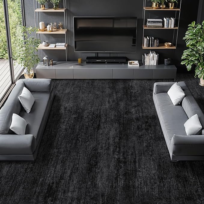 LIANLAM 10x12 Washable Rug, Black Solid Area Rugs for Living Room & Bedroom | Stain-resistant & Non-slip backing,Low Pile Washable Large Carpet, Solid Vintage Style For High Traffic Areas(10x12,Black)