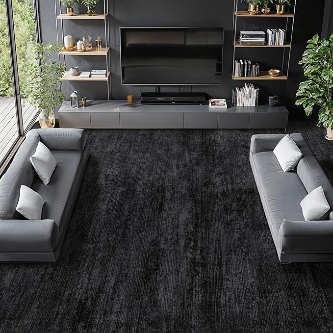 10x14 Washable Area Rug, Black Solid Area Rugs for Living Room & Bedroom | Stain-resistant & Non-slip backing,Low Pile Washable Large Carpet, Solid Vintage Style For High Traffic Areas(10x14,Black)