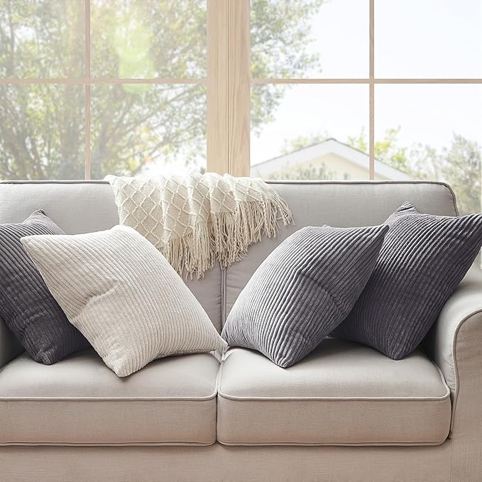 Topfinel Neutral Grey Decorative Throw Pillow Covers 18x18 Inch Set of 4,Modern Farmhouse Striped Corduroy Cushion Cases,Square Euro Shams for Sofa,Bedroom,Floor,Car(45cm Dark Gray)