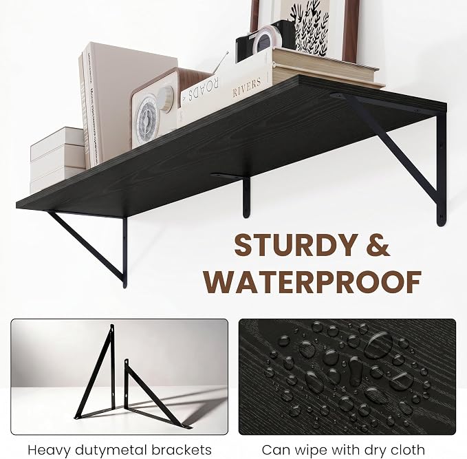 Vivelove Black Deep Floating Shelves for Wall, 48W x 8D Wood Wall Shelves Set of 2, Wide Floating Bookshelf for Living Room, Kitchen, Office, Bedroom and Decor Storage, with Metal Bracket - Black