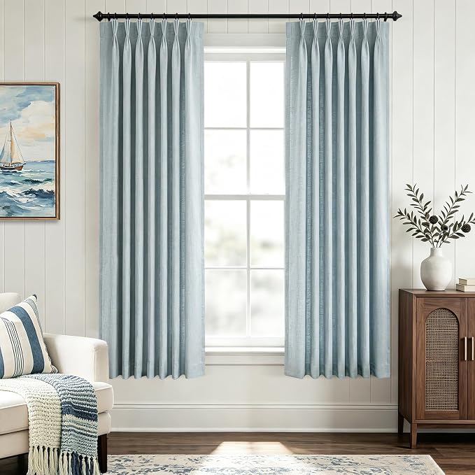 Memory Trained Dusty Blue Triple Pinch Pleated Curtains 2 Panels 40x63 Linen Blend Light Filtering Privacy Drapes with Hooks Back Tab for Track System Bedroom Study Minimalism Neutral Decor