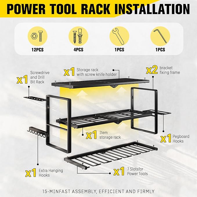 Hipidian Power Tool Organizer Wall Mount - Storage Rack with 4 Drill Holders for Drills Cordless Tools. Heavy Duty Iron Garage Tool Organizer Storage for Workshop Shed (7 Slots 3 Layers)