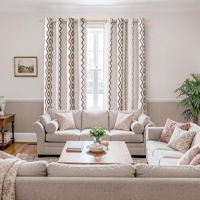 BGment Taupe Boho Curtains with Tufted Pom Stripe, Linen Jacquard Geometric Pattern Drapes with Grommet for Bedroom Living Room Light Filtering, 2 Panels Set, 52 X 98 Inch