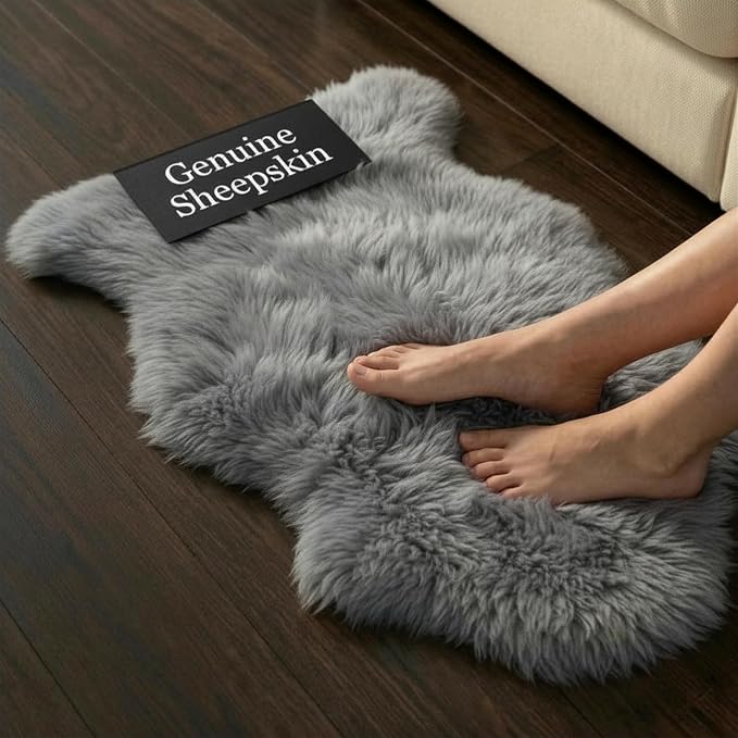 Premium Genuine Sheepskin Rug – Soft & Fluffy Single Pelt (2’ x 3’) Grey Lambskin Area Rug for Bedroom, Living Room Or Chair Cover Sheepskin Throw – Made in Argentina
