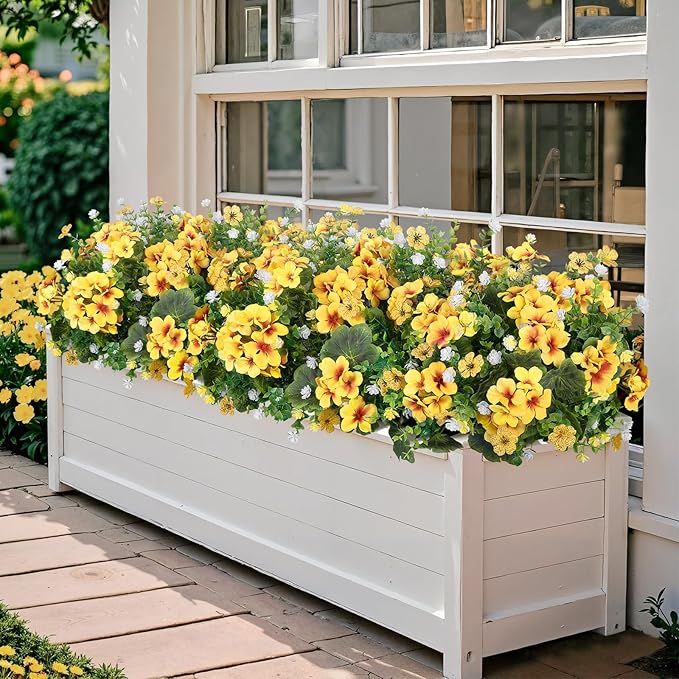 Ouddy Decor 18'' Artificial Geraniums Flowers for Outdoors, 10 Bundles Mixed Fake Silk Flowers Plastic Plants UV Resistant for Summer Garden Porch Patio Planter Home Decor, Yellow