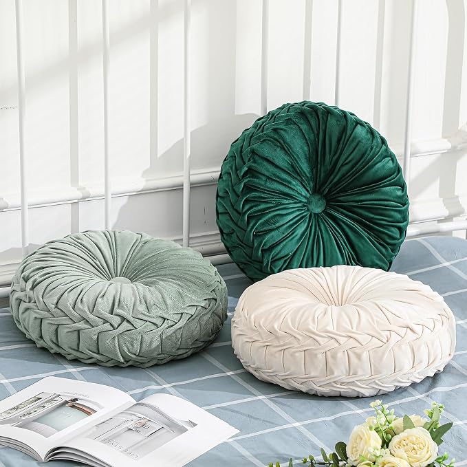 Drydiet 3 Pcs Round Throw Velvet Pillows Decorative Pleated Throw Pillows Diameter Accent Pumpkin Boho Chair Cushion for Couch Sofa Home Decoration (White,Light Green,Green,15'')