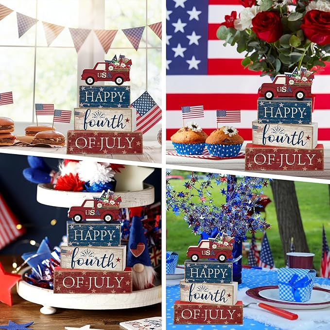 CroBlissful 4 Pcs 4th of July Decorations Patriotic Memorial Day Tabletop Decoration Wooden Star Block Signs Red White Blue Centerpieces 250th Anniversary for Office Tiered Tray Home Shelf