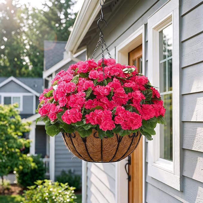Alupssuc 12 Bundles Artificial Flowers for Outdoors Decoration Silk Geranium, UV Resistant Artificial Outdoor Fake Plants, Faux Flowers for Home Kitchen Table Indoor Outside Spring Decor, DeepPink