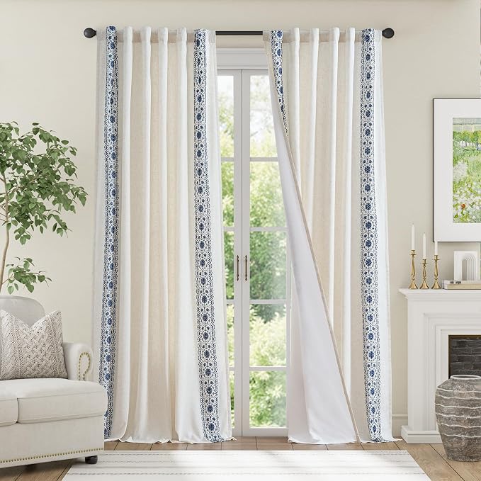 jinchan Weslie Boho Lined Linen Curtains for Bedroom Blue Vintage Floral Farmhouse Curtains 96 Inches Long Linen Drapes for Living Room Embroidered Drapes Rod Pocket Blue on Beige 2 Panels