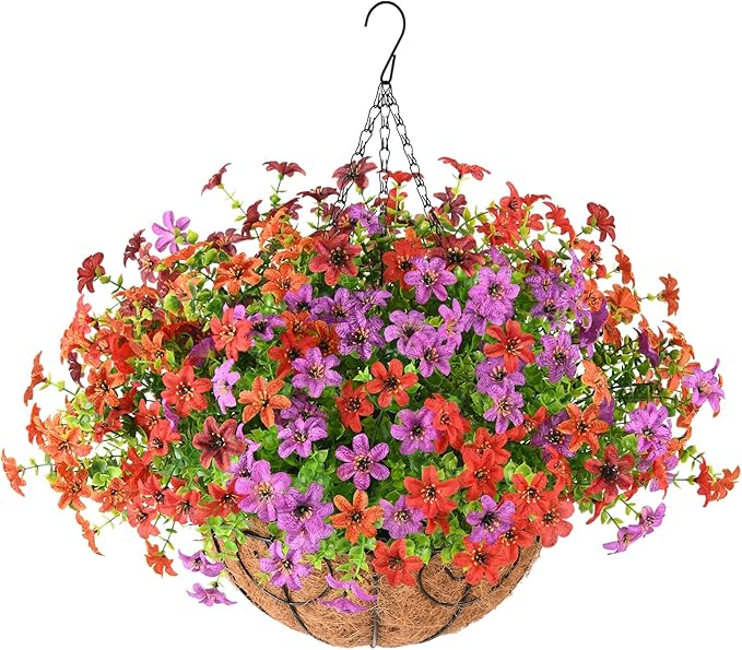 Artificial Flowers Fake Hanging Basket for Outdoor Spring Summer Decoration, 12 Bundles Faux Hanging Plants UV Resistant, Realistic Silk Flower for Outside Planters Porch Patio Balcony Yard Garden