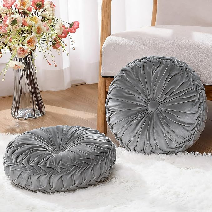 Beeveer 2 Pcs Round Throw Pillows 15 Inch Decorative Velvet Pleated Pumpkin Pillows Boho Floor Pillow with Center Button for Living Room Couch Chair Bed Sofa Home Decoration (Gray)