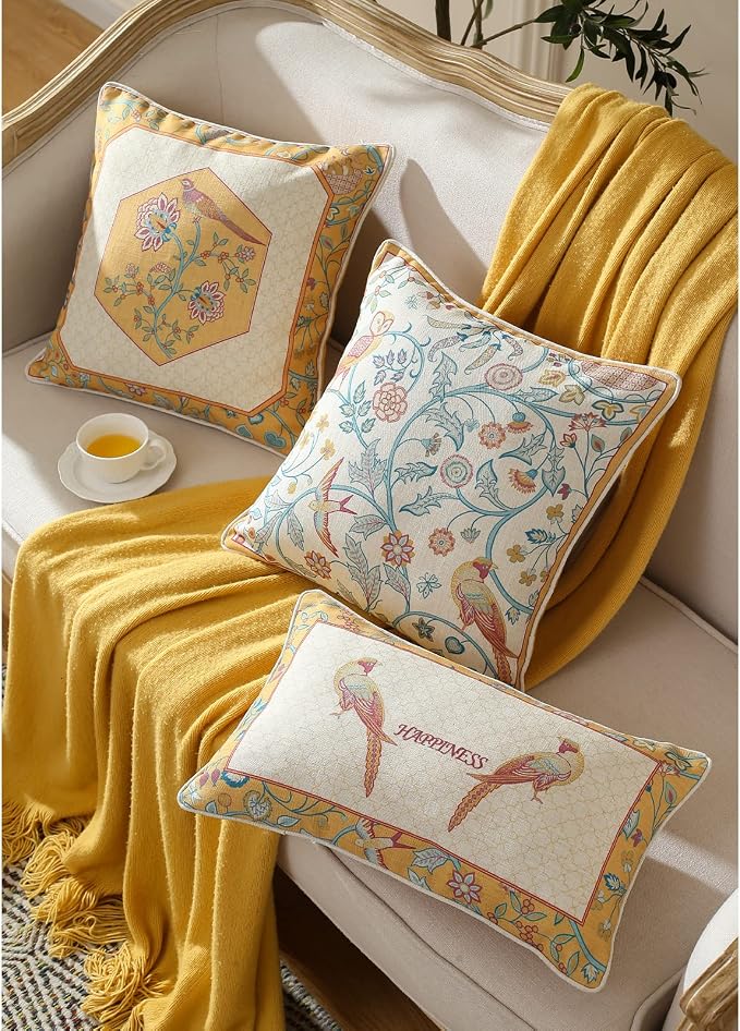 patdrea French Vintage Linen Throw Pillow Cover,12"x20"-Magnolia C | Elegant Decorative Pillow Case with Zipper,Yellow Floral Pattern,Cushion Coverfor Couch Living Room Bedroom Sofa
