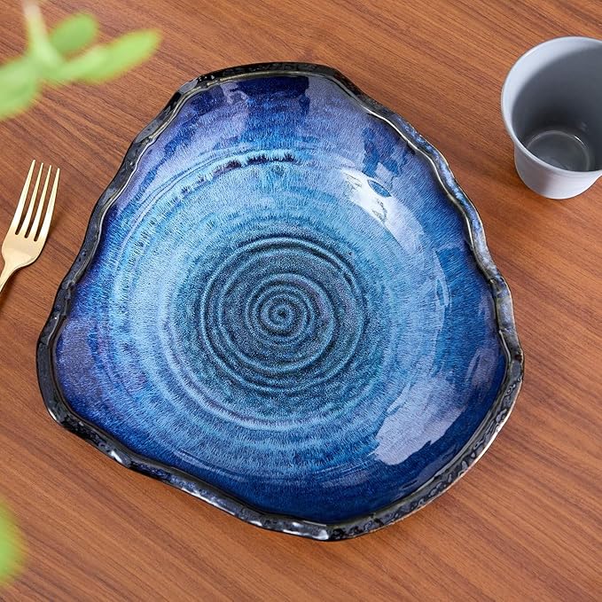 Large Ceramic Decorative Bowl, Blue Reactive Glaze, 12" Dish | Centerpiece Bowl, Modern Coffee Table Decor Dish, Entryway Catchall Key Bowl