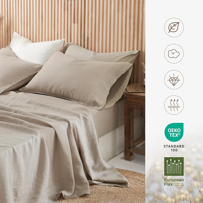 French Linen Pillow Cases - Moisture-Absorbing Linen Pillow Shams, King Size (20''x40''), Khaki