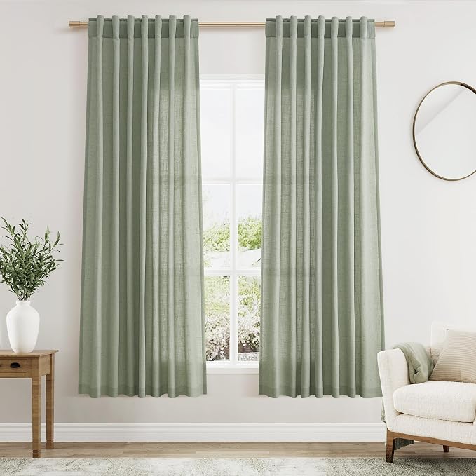 Desert Sage Linen Curtains 63 Inches Long 2 Panel Sets for Living Room Bedroom Rod Pocket Back Tab Light Filtering Drape for Kitchen Window Short Protect Privacy Curtain Modern Farmhouse Decor 52x63